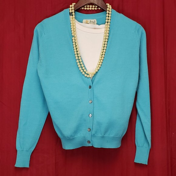 🍁Size S. Pringle of Scotland Blue colored Wool Blended Cardigan. Long Sleeve. - Picture 1 of 12